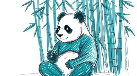 A captivating hand-drawn sketch depicts a serene martial artist panda meditating amidst a lush bamboo forest.  Rendered in a 