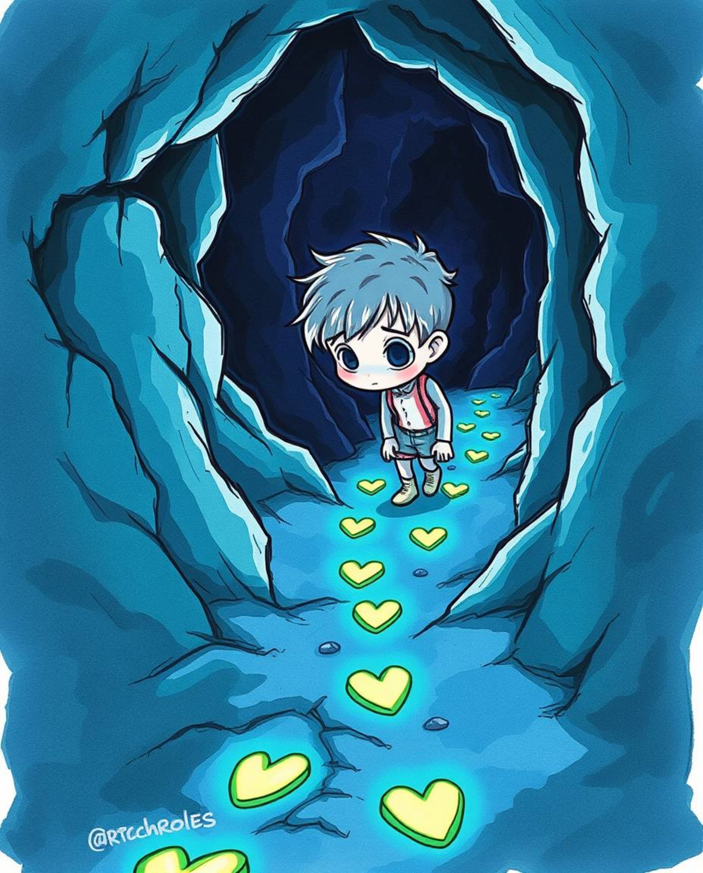 A hand-drawn sketch depicts a child with pale skin and dark eyes venturing into a dark cave, guided by a trail of subtly glow