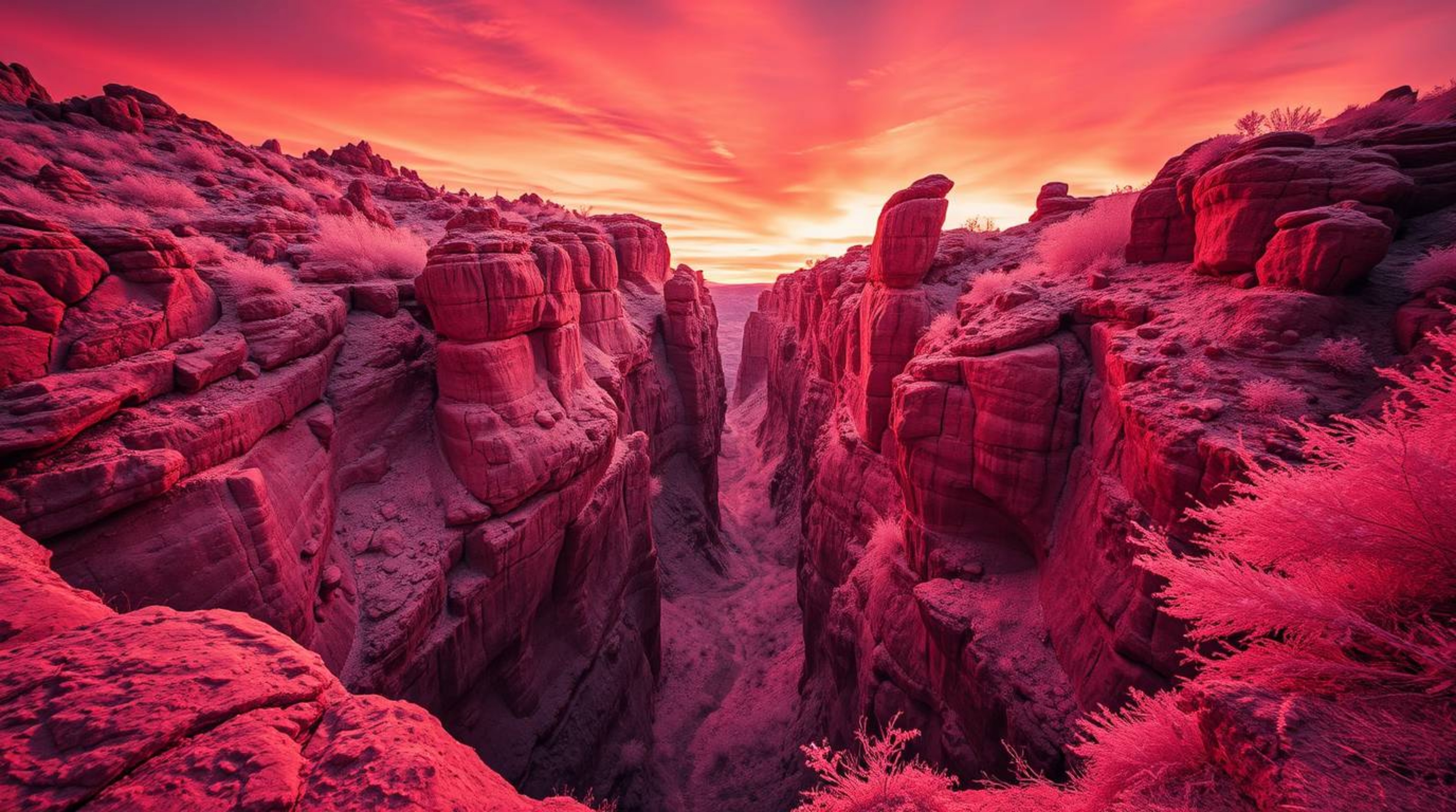 A captivating surreal infrared image showcases a rocky canyon bathed in warm sunset hues. The dreamlike atmosphere and mystic