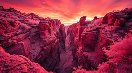 A captivating surreal infrared image showcases a rocky canyon bathed in warm sunset hues. The dreamlike atmosphere and mystic