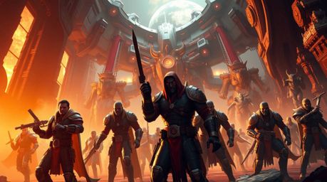 Experience a grand and epic scene showcasing a team of misfit heroes, bathed in a warm, golden glow.  This image is rendered 