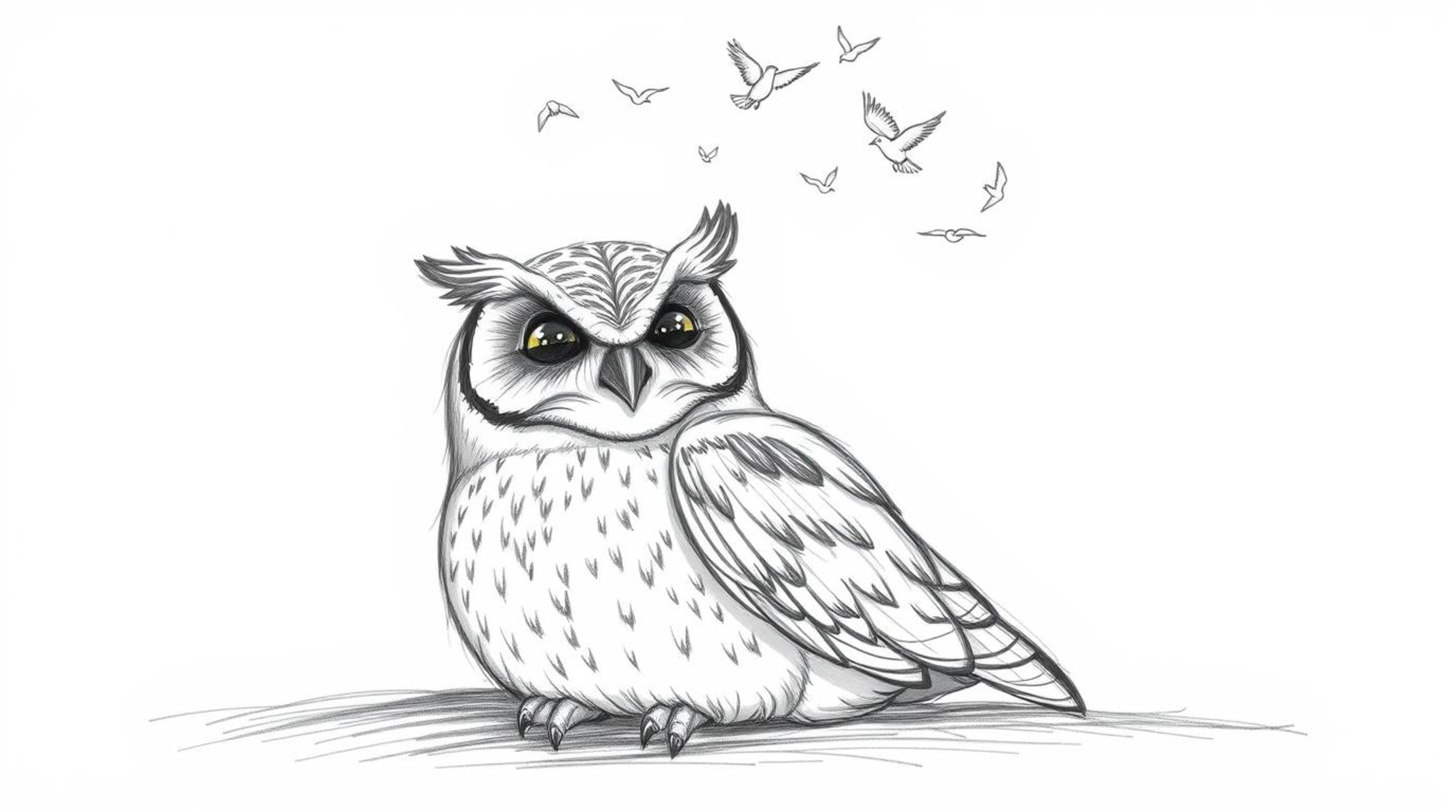 A Pixar-style hand-drawn sketch depicts a serene scene: a blind owl, meticulously detailed with textured pencil strokes, rest