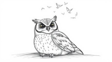 A Pixar-style hand-drawn sketch depicts a serene scene: a blind owl, meticulously detailed with textured pencil strokes, rest