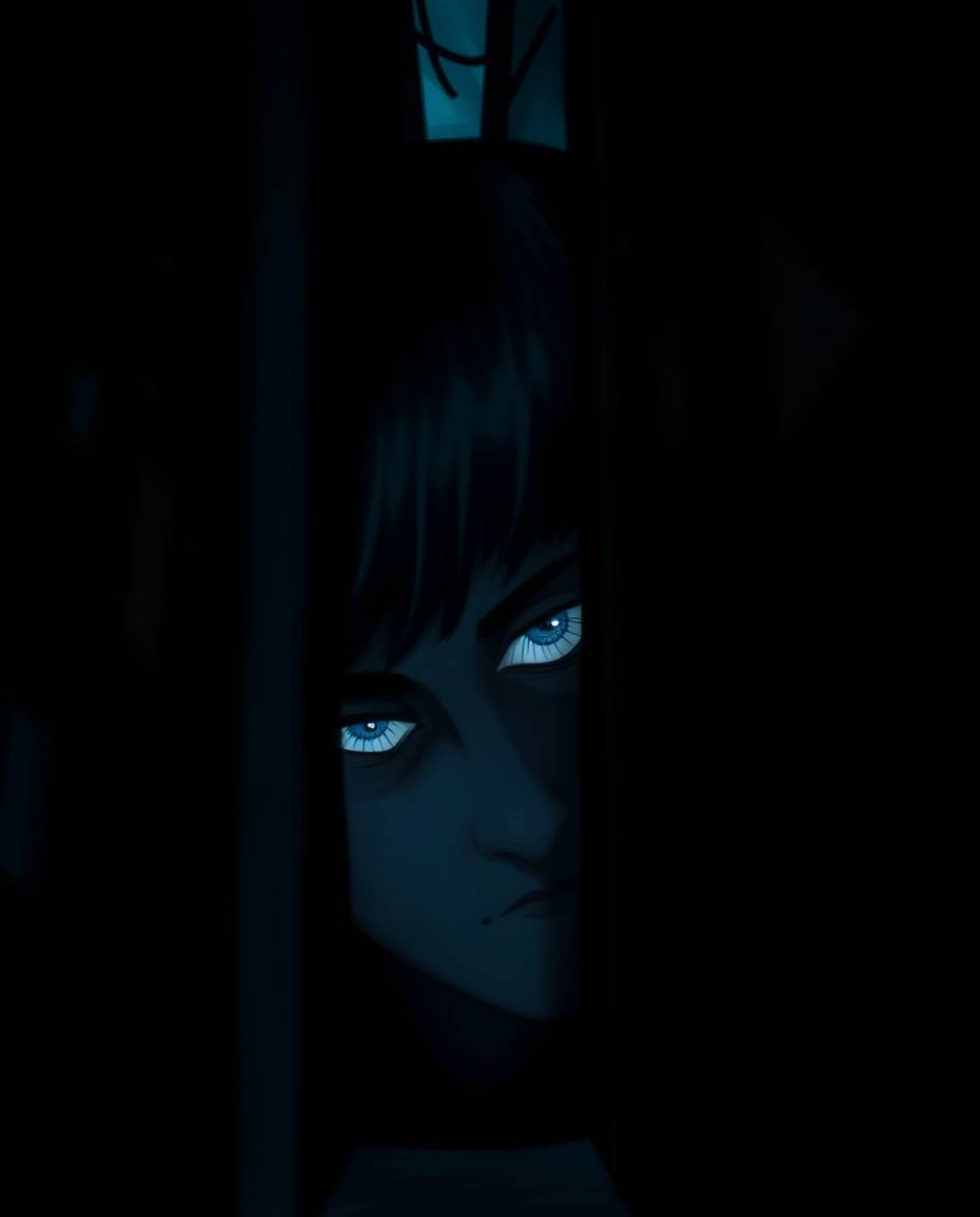 Eyes watching from the shadows of a night alley, rendered in a captivating blend of cool blues, greens, and purples. This ima