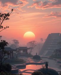 Futuristic sci-fi styled digital painting of a sunset over a serene Zen garden with a soft dreamy atmosphere hazy soft light,