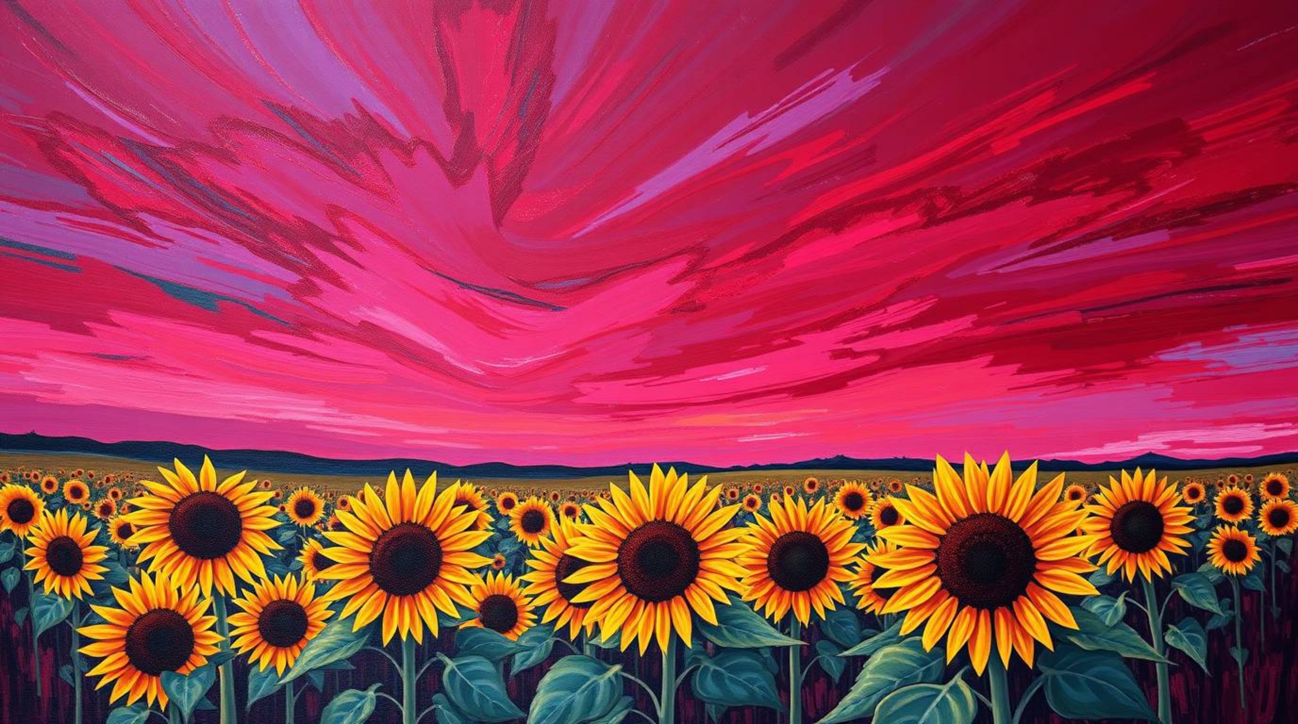 This bold acrylic painting captures the beauty of a sunflower field bathed in the light of a deep red and purple sky. Rich bu