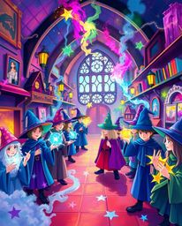 Discover a magical school brimming with young wizards, depicted in bright, vibrant colors.  This lively and energetic composi