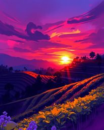 A dynamic digital sketch of a sunset over terraced tea plantations, using loose painterly strokes, deep ultraviolet hues, and