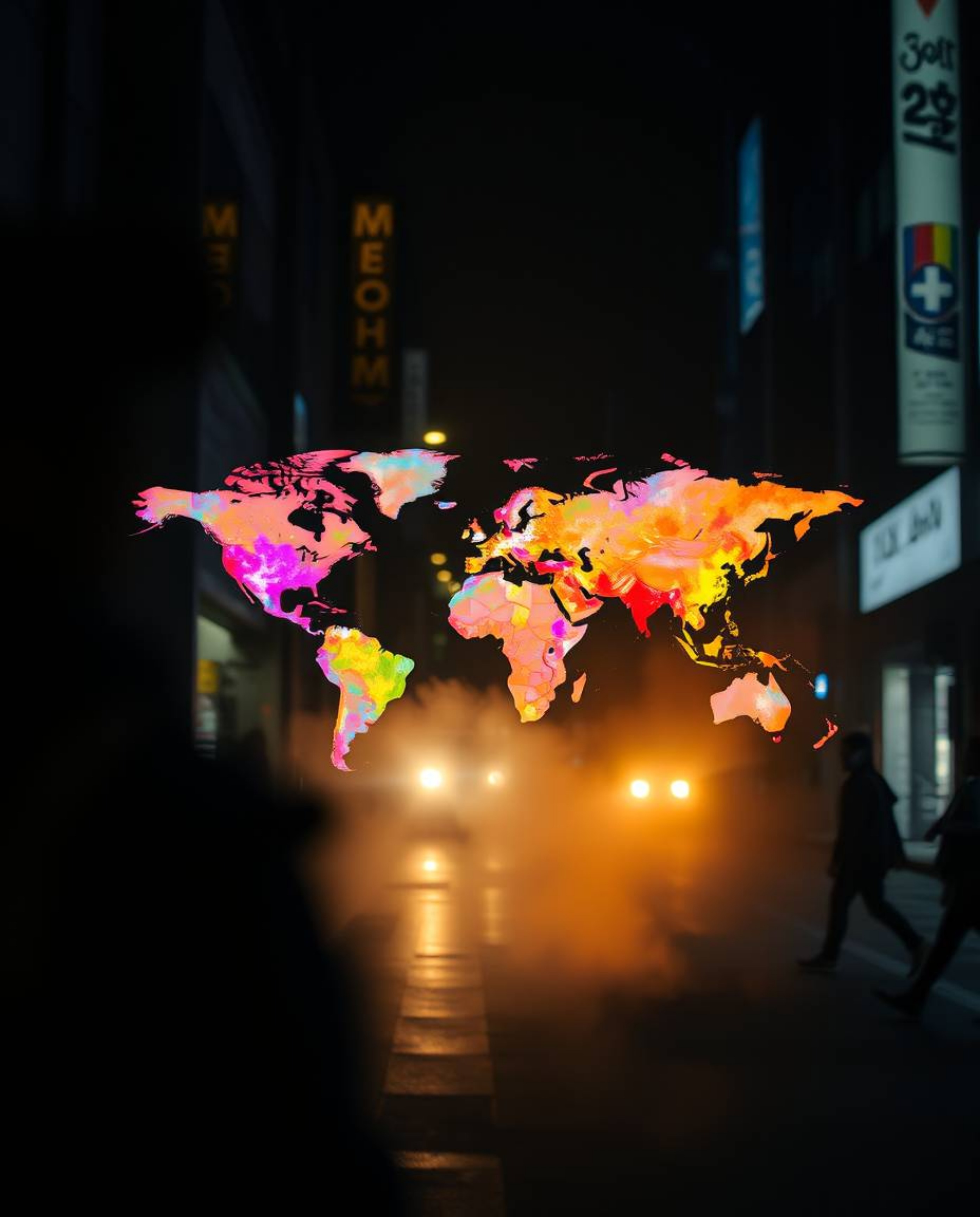 A captivating blend of street photography and abstract art, this image showcases volumetric lighting illuminating bright, col