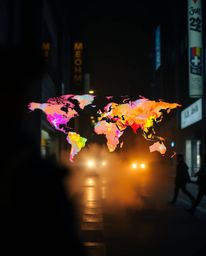 A captivating blend of street photography and abstract art, this image showcases volumetric lighting illuminating bright, col