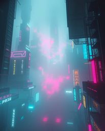 A captivating photograph depicting a futuristic cyberpunk cityscape.  Vibrant neon splashes illuminate a thick, foggy environ
