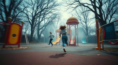 Experience a dramatic slow-motion run through a surreal playground.  This fantastical scene is rendered in a dreamlike style 