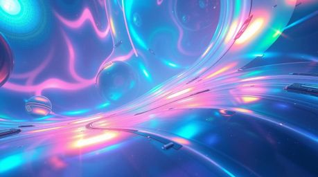 Experience a breathtaking futuristic sci-fi scene featuring bioluminescent, iridescent gradient metallic surfaces with vibran