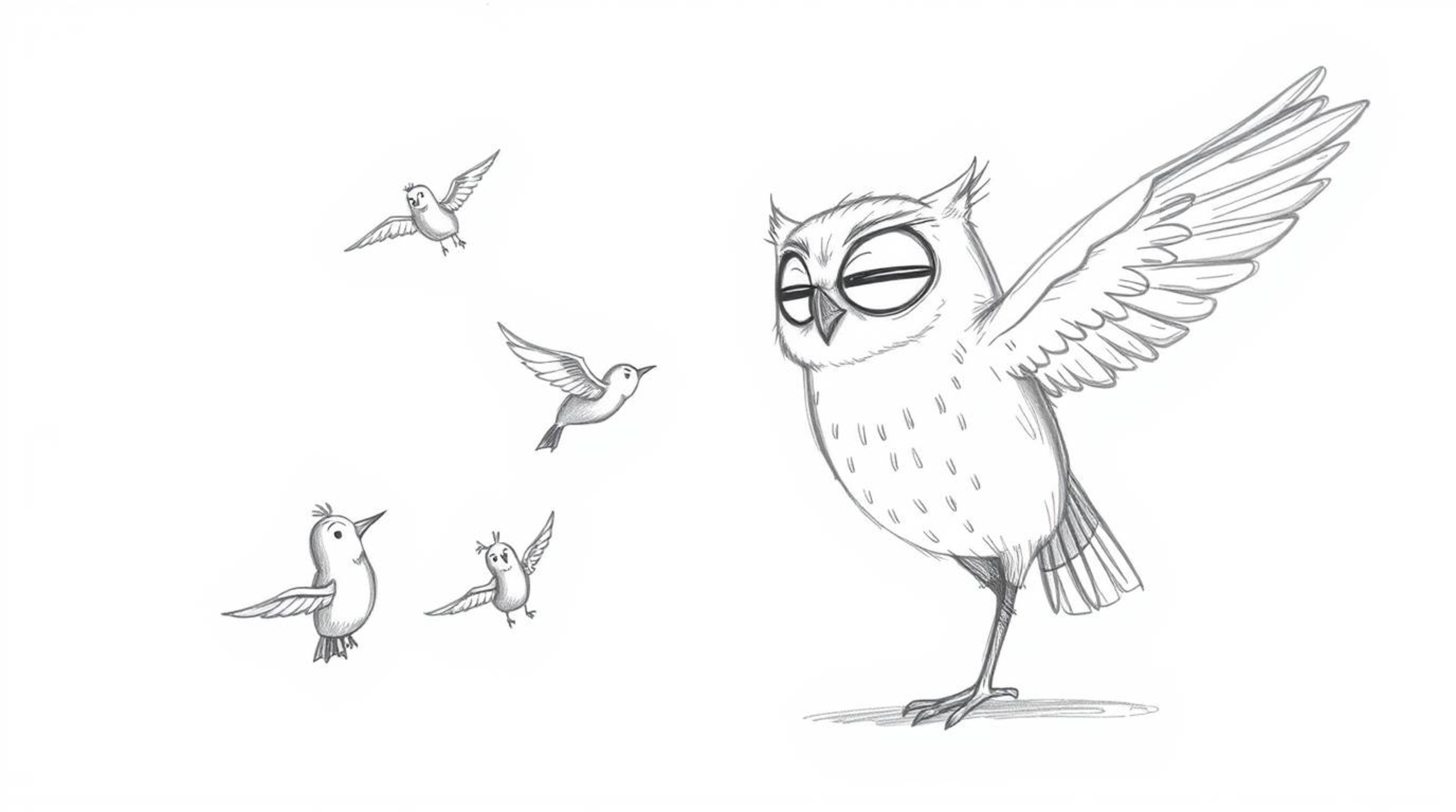 A heartwarming hand-drawn sketch in the style of Pixar depicts a blind owl with soft, expressive features patiently teaching 