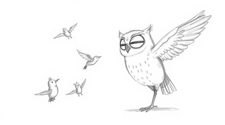 A heartwarming hand-drawn sketch in the style of Pixar depicts a blind owl with soft, expressive features patiently teaching 