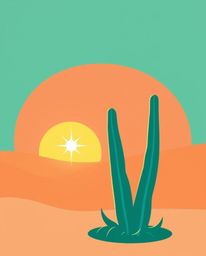 A modern flat design illustrates a desert cactus glowing in the last rays of the sun. The artwork features a beautiful contra