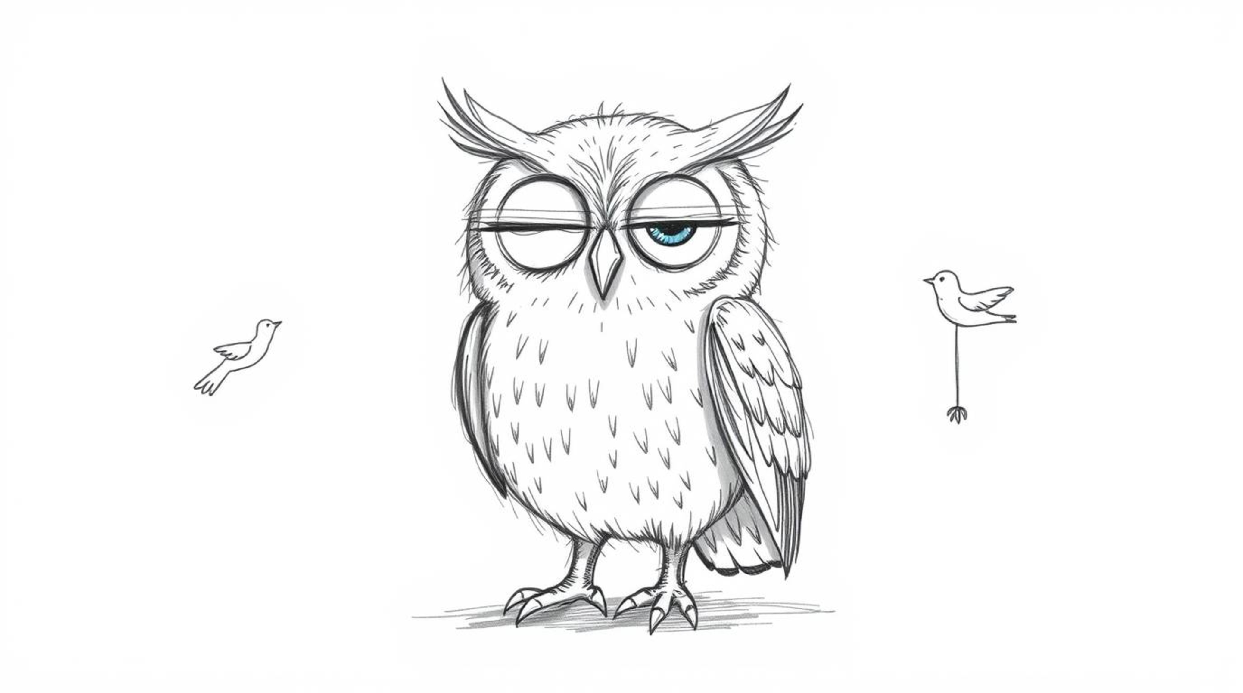 A whimsical hand-drawn sketch in the style of Pixar depicts a blind owl, its face radiating gentle wisdom, ingeniously teachi
