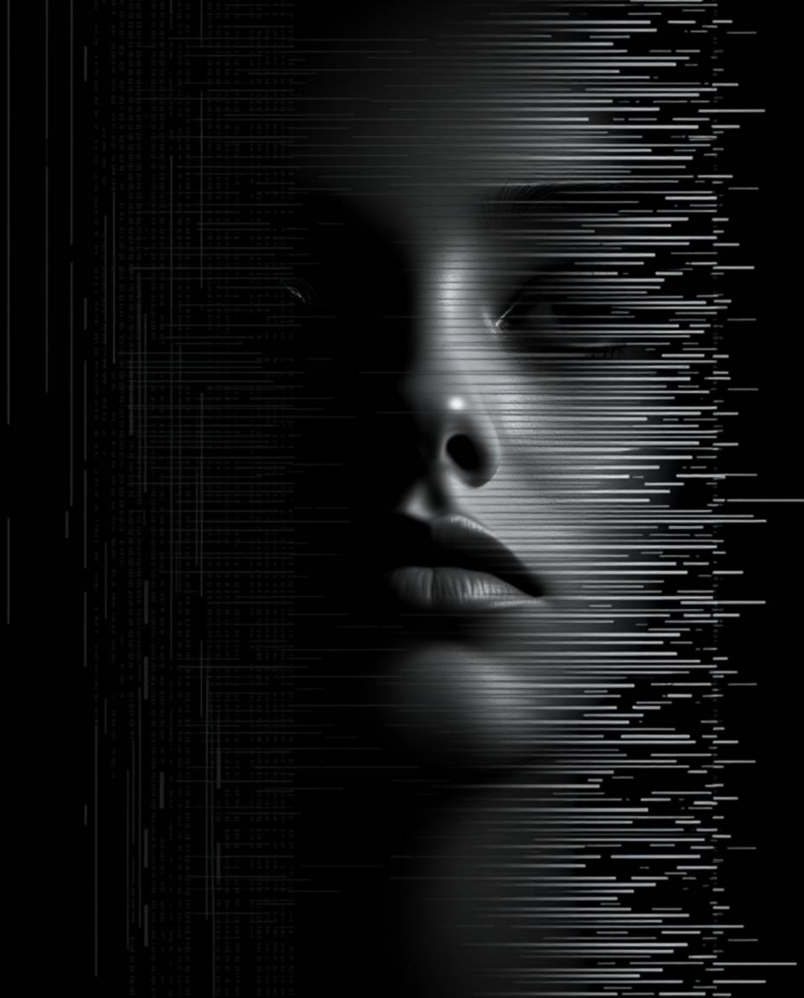 A timeless and elegant digital art piece showcasing a classic black and white digital glitch effect.  The glitch art transfor