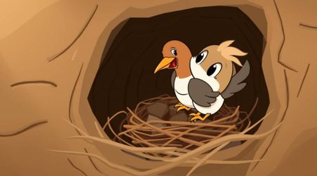 Two cartoon birds are depicted building a nest in a classic animation style, reminiscent of traditional cartoons. The artwork