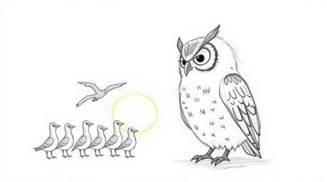 A charming hand-drawn sketch in the style of Pixar depicts a wise-looking blind owl with soft feathers, gently teaching a cla