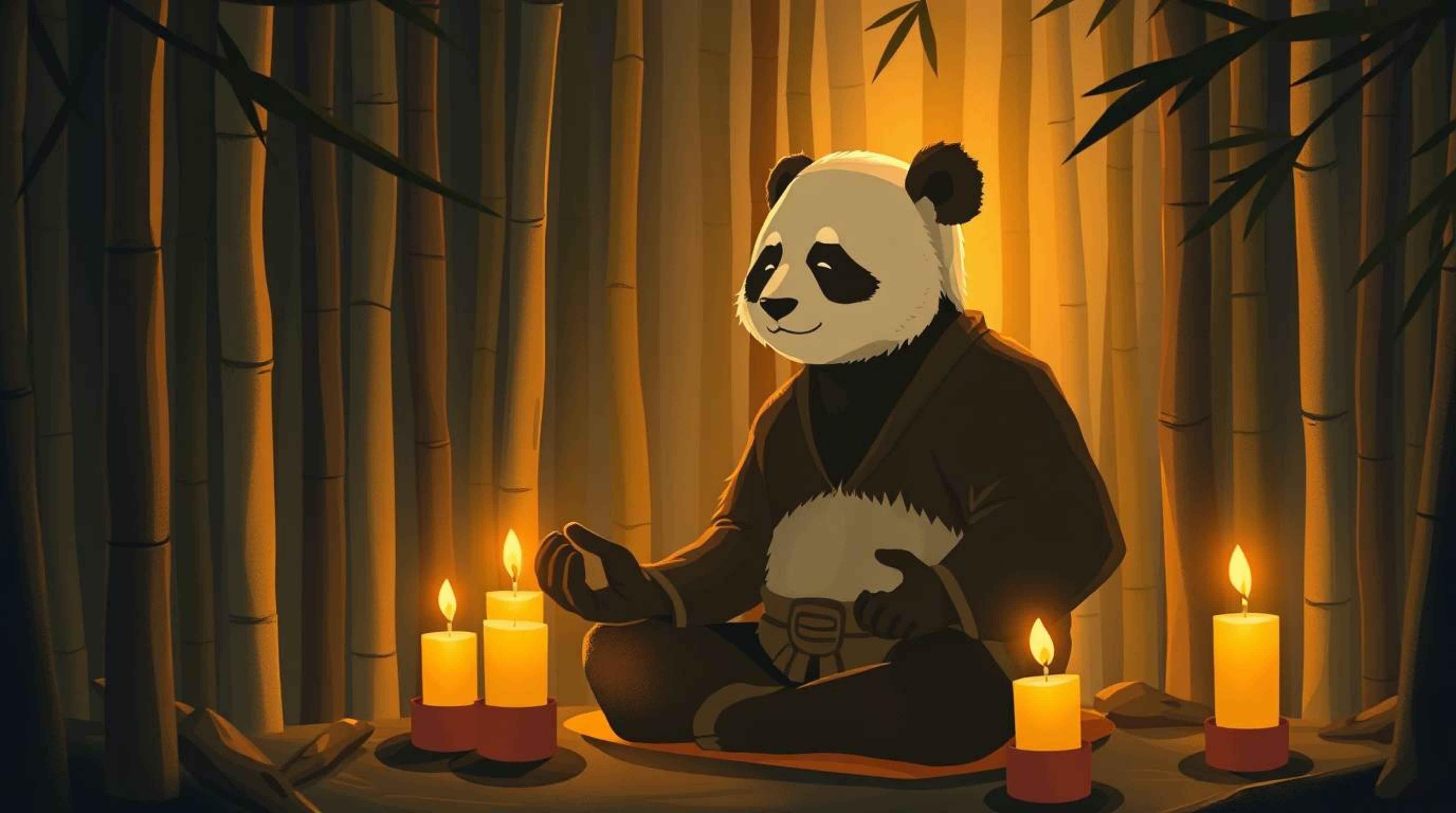 An illustration featuring a panda martial artist in a state of deep meditation within a serene bamboo forest. The scene is so