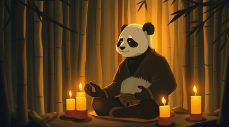 An illustration featuring a panda martial artist in a state of deep meditation within a serene bamboo forest. The scene is so