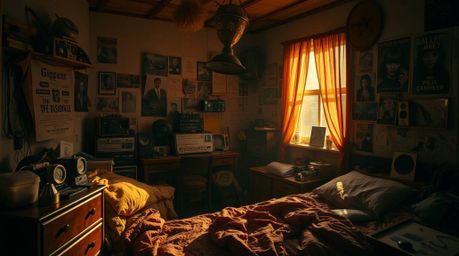 Immerse yourself in a warmly lit, messy bedroom scene bathed in autumnal colors. Chiaroscuro lighting dramatically emphasizes