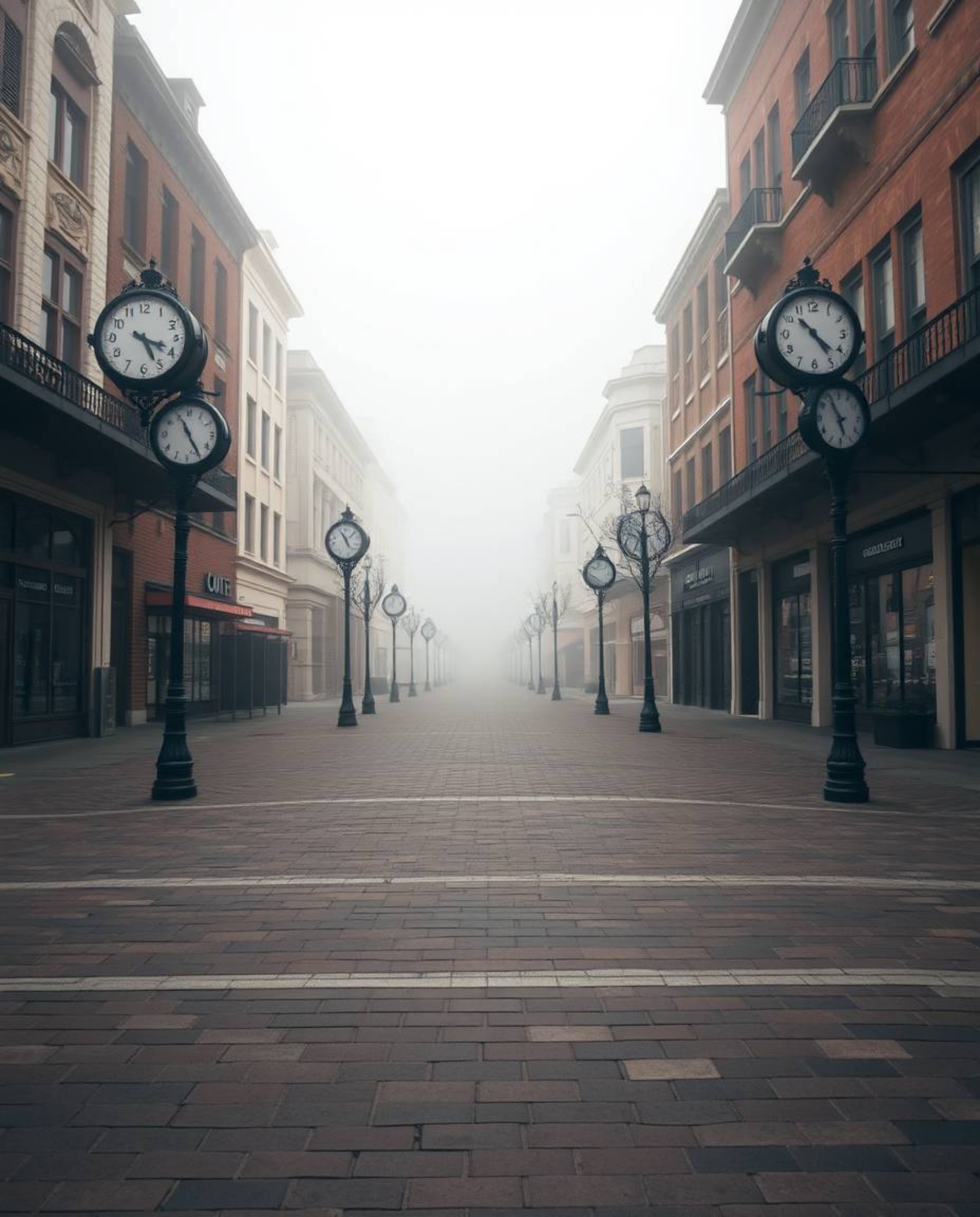 An empty town square shrouded in thick fog, where ticking clocks echo through the muted landscape. Dominated by natural earth