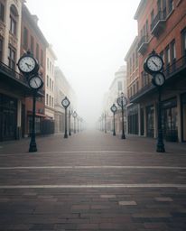 An empty town square shrouded in thick fog, where ticking clocks echo through the muted landscape. Dominated by natural earth