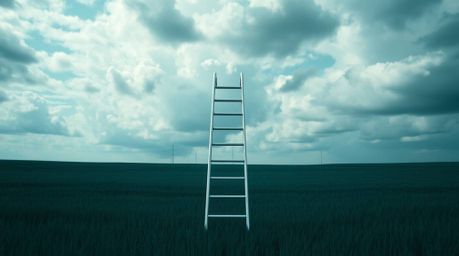 A minimalist scene featuring a silver ladder in a wide open field beneath a cloudy sky evokes a dramatic cinematic style.  Th
