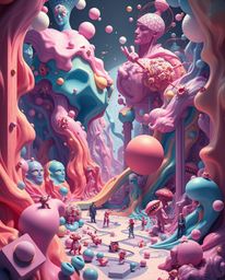 Explore a dreamlike realm where colorful 3D fluid shapes dance and intertwine with geometric forms, crafting an abstract comp