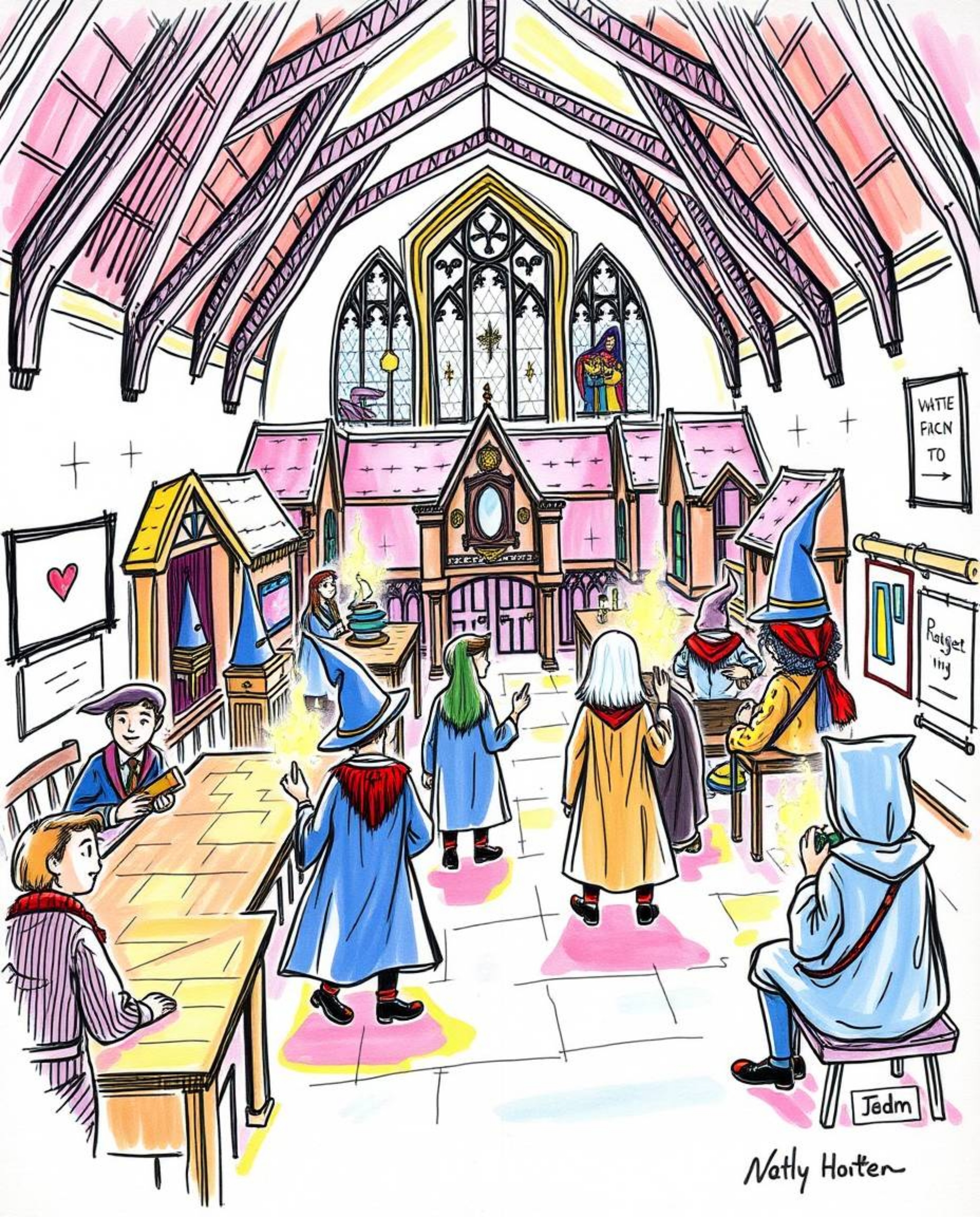 A captivating hand-drawn sketch depicting a vibrant magical school brimming with young wizards.  This colorful sketchnote-sty