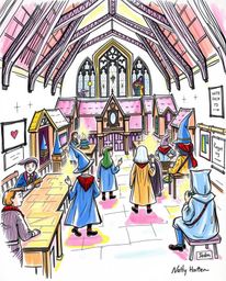 A captivating hand-drawn sketch depicting a vibrant magical school brimming with young wizards.  This colorful sketchnote-sty