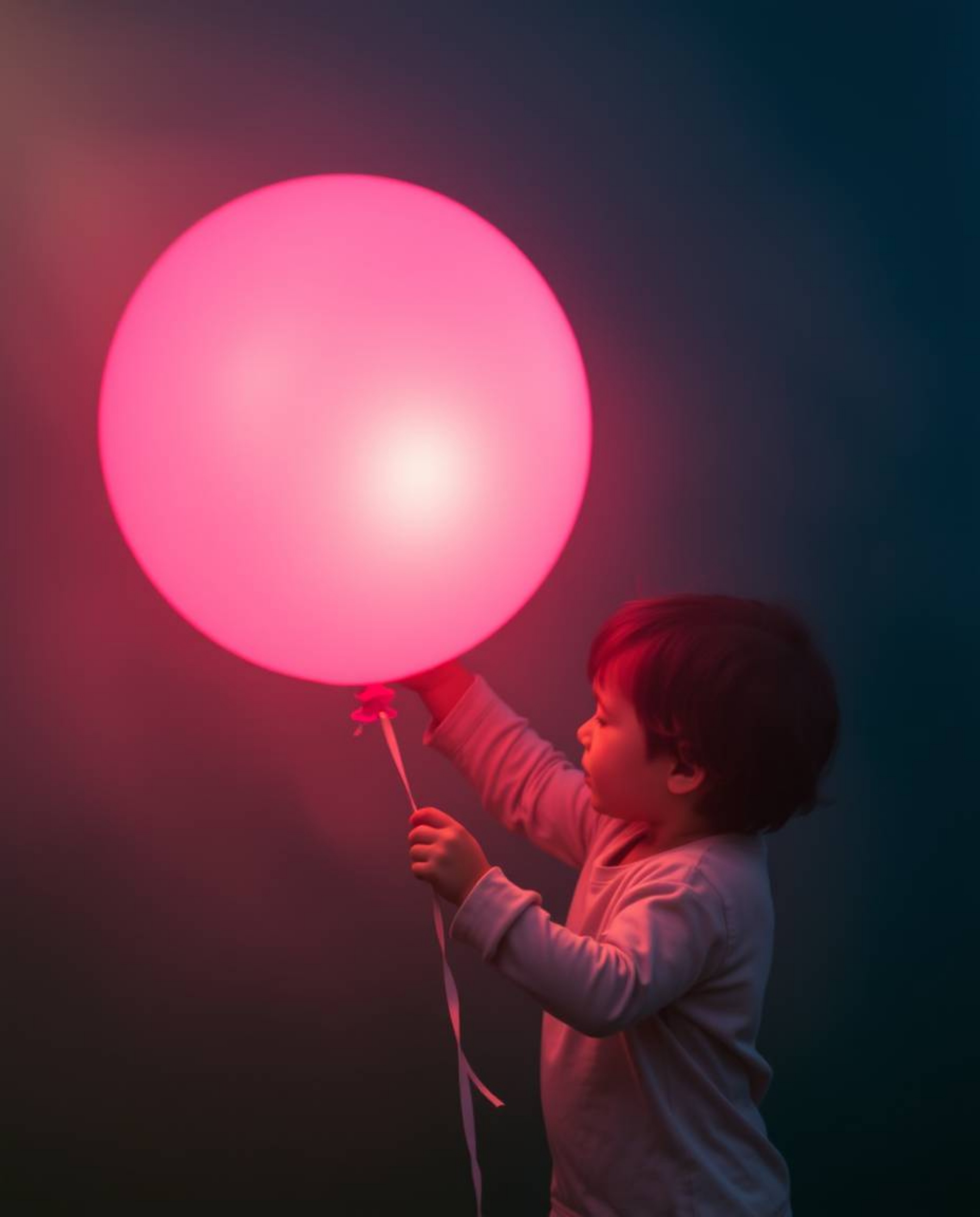 A captivating image of a child holding a balloon, bathed in hazy, soft light and captured with long exposure. This technique 