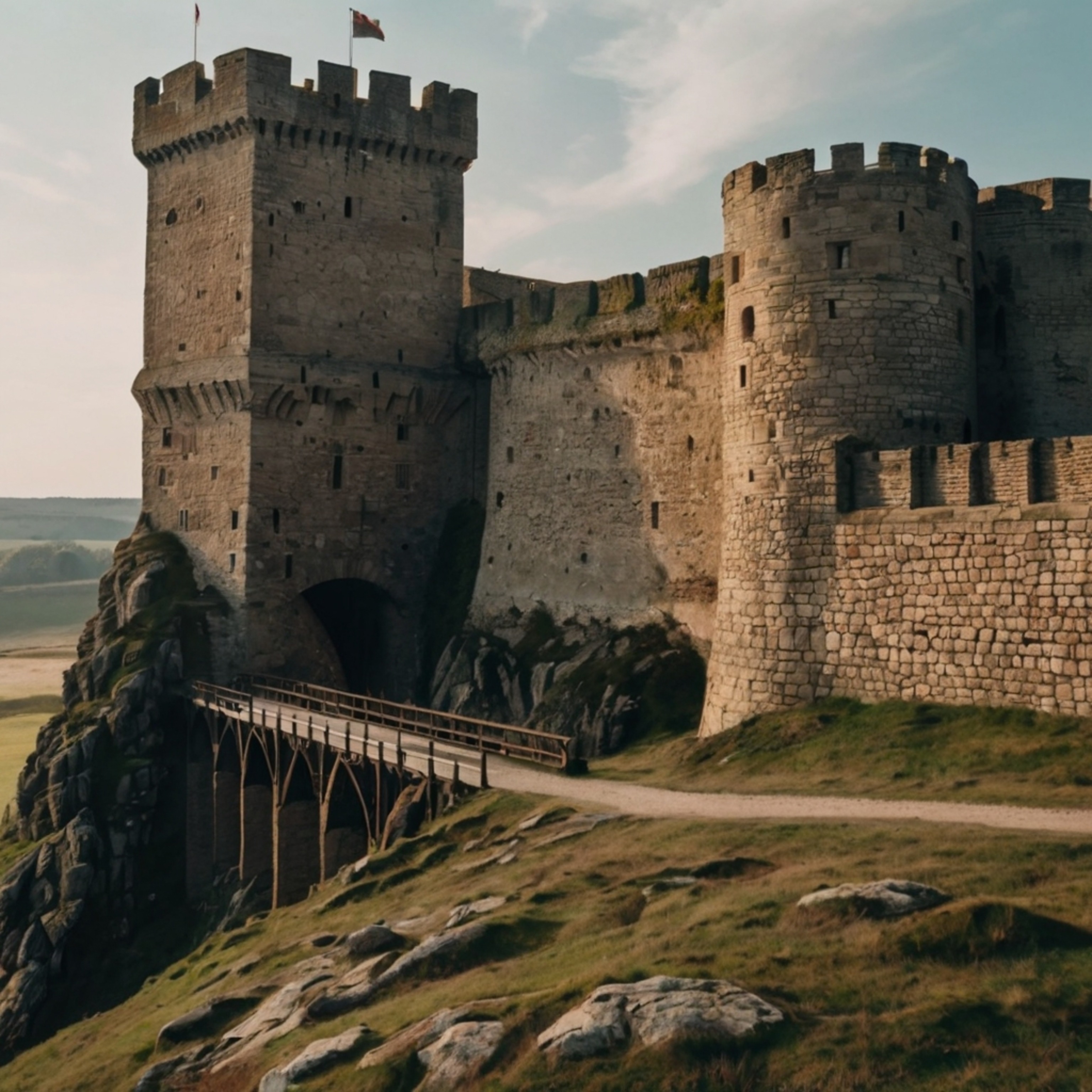 Explore a formidable medieval fortress, characterized by its imposing stone walls, a classic drawbridge, and a towering castl