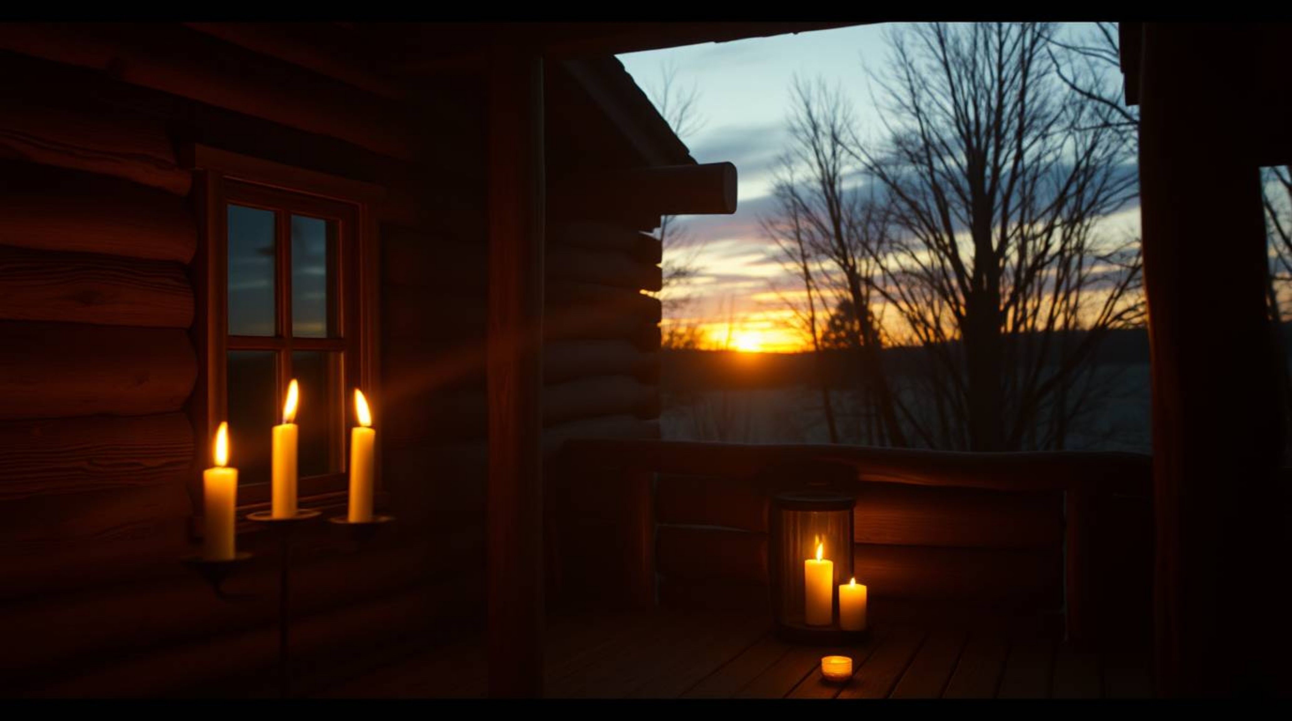 Experience the warm ambiance of an old wooden cabin bathed in the golden light of sunset. Flickering candle flames dance and 