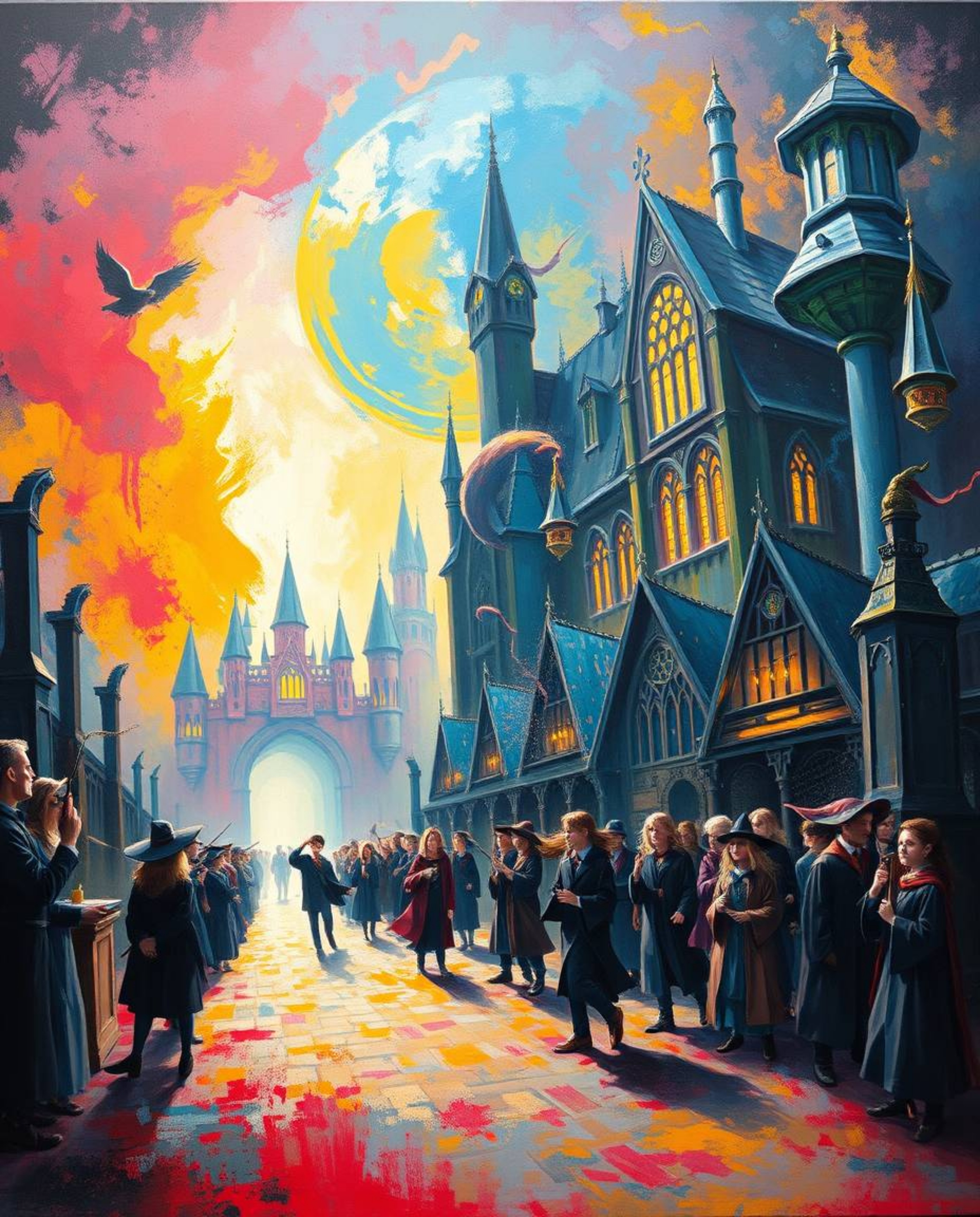 A bold acrylic painting capturing an epic scene of a magical school teeming with young wizards. The artwork showcases a massi