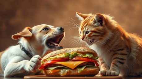 A hilarious and heartwarming image of a dog and cat engaged in a comical battle over a gigantic sandwich.  The scene is captu