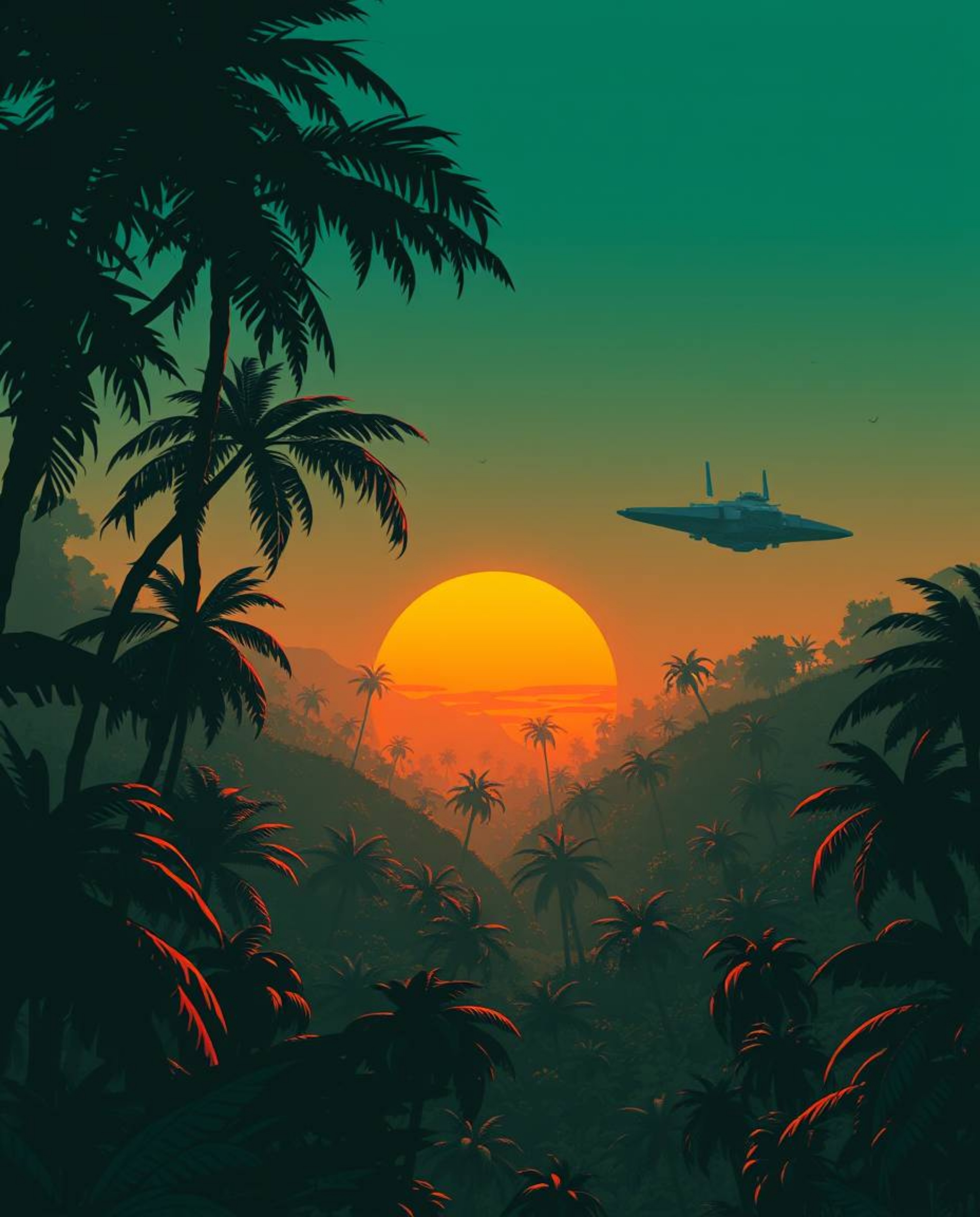 A futuristic sci-fi illustration depicting a sunset through a dense jungle canopy, rendered in a striking color palette of wa