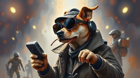 A classic oil painting captures a grand, epic scene featuring a dog detective equipped with high-tech gadgets. Set in a moder