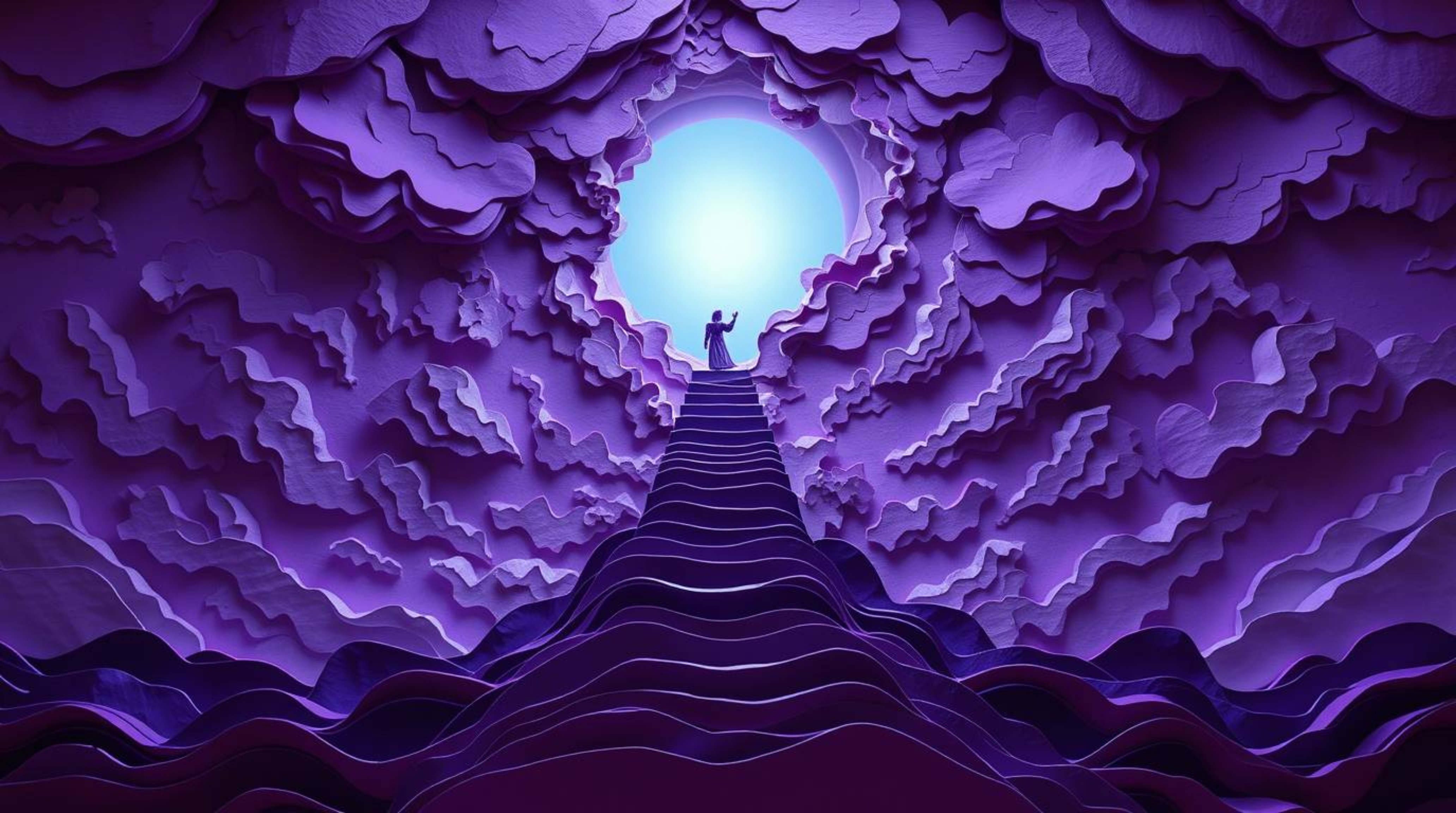 Explore a dreamlike and peaceful scene depicted in layered papier-mâché artwork, showcasing deep ultraviolet hues. Steps of l