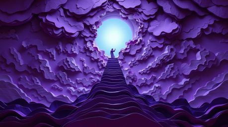 Explore a dreamlike and peaceful scene depicted in layered papier-mâché artwork, showcasing deep ultraviolet hues. Steps of l