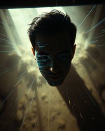 Experience a mesmerizing blend of technology and humanity with this digital art piece. Featuring a high-angle perspective and