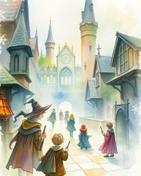 This delicate watercolor painting captures the whimsical atmosphere of a magical school teeming with young wizards. The artwo