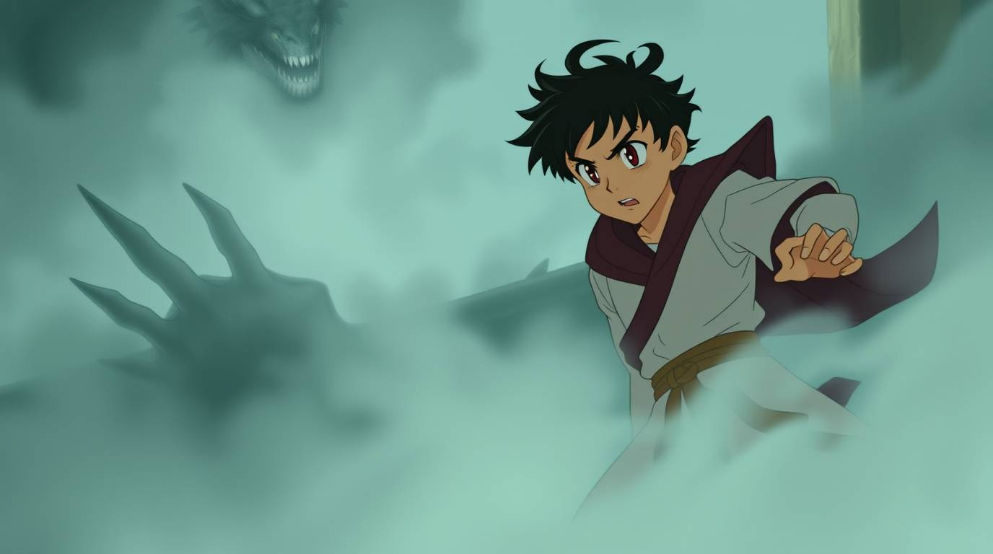 An Isekai anime style scene depicting a charming prince with determined features, fair skin, and flowing robes engaged in a f