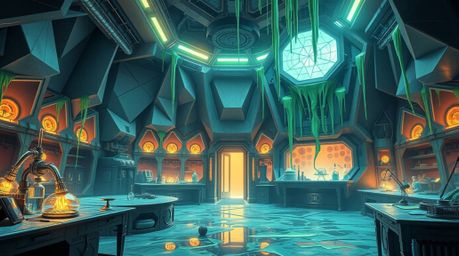 A grand epic scene depicting a slime-covered science lab rendered in intricate origami style with a modern future aesthetic. 