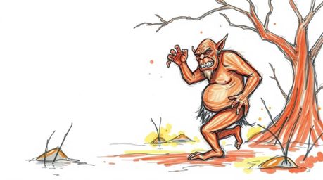 A whimsical hand-drawn sketch depicts a joyous ogre dancing in a vibrant swamp.  The artwork features rough pencil strokes, a