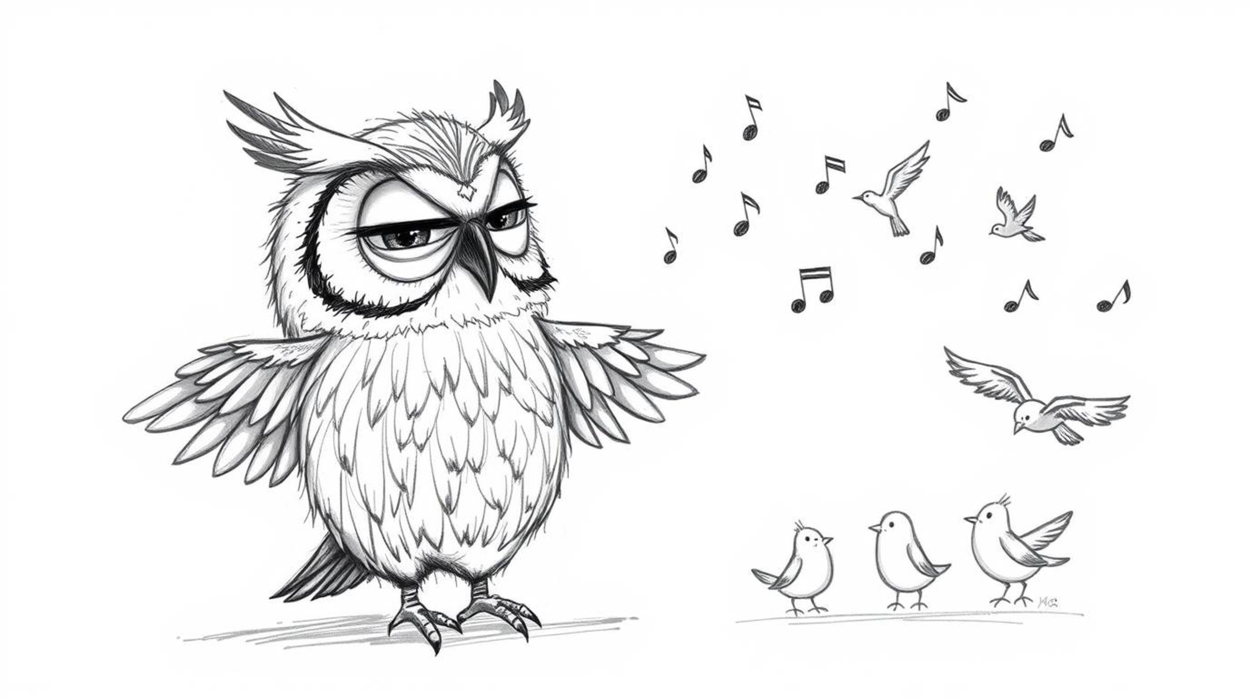 A wise, blind owl with detailed feathers, rendered in a hand-drawn Pixar-style sketch, shares the secrets of flight with a gr