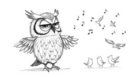 A wise, blind owl with detailed feathers, rendered in a hand-drawn Pixar-style sketch, shares the secrets of flight with a gr
