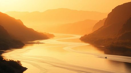 A captivating image of a serene river delta, bathed in the warm glow of either sunrise or sunset.  The scene is rendered in a